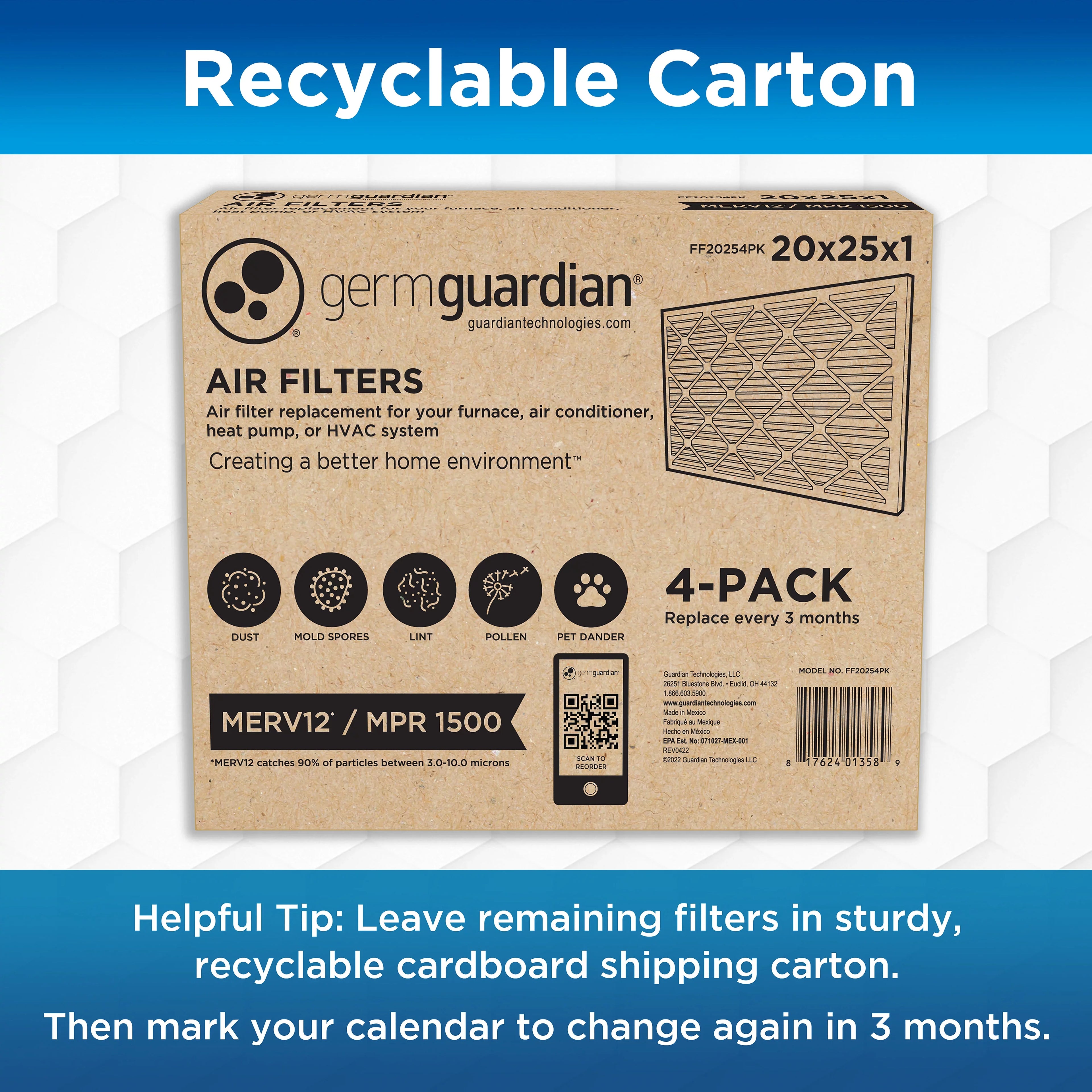 Germ Guardian 20 x 25 x 1 MERV 12 Pleated HVAC AC Furnace Air Filters (4-Pack)