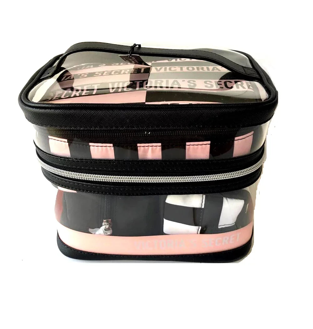 Victoria's Secret 4 in 1 Train Cosmetic Case Travel Tote Clear & Pink for Women 4 Piece Set New