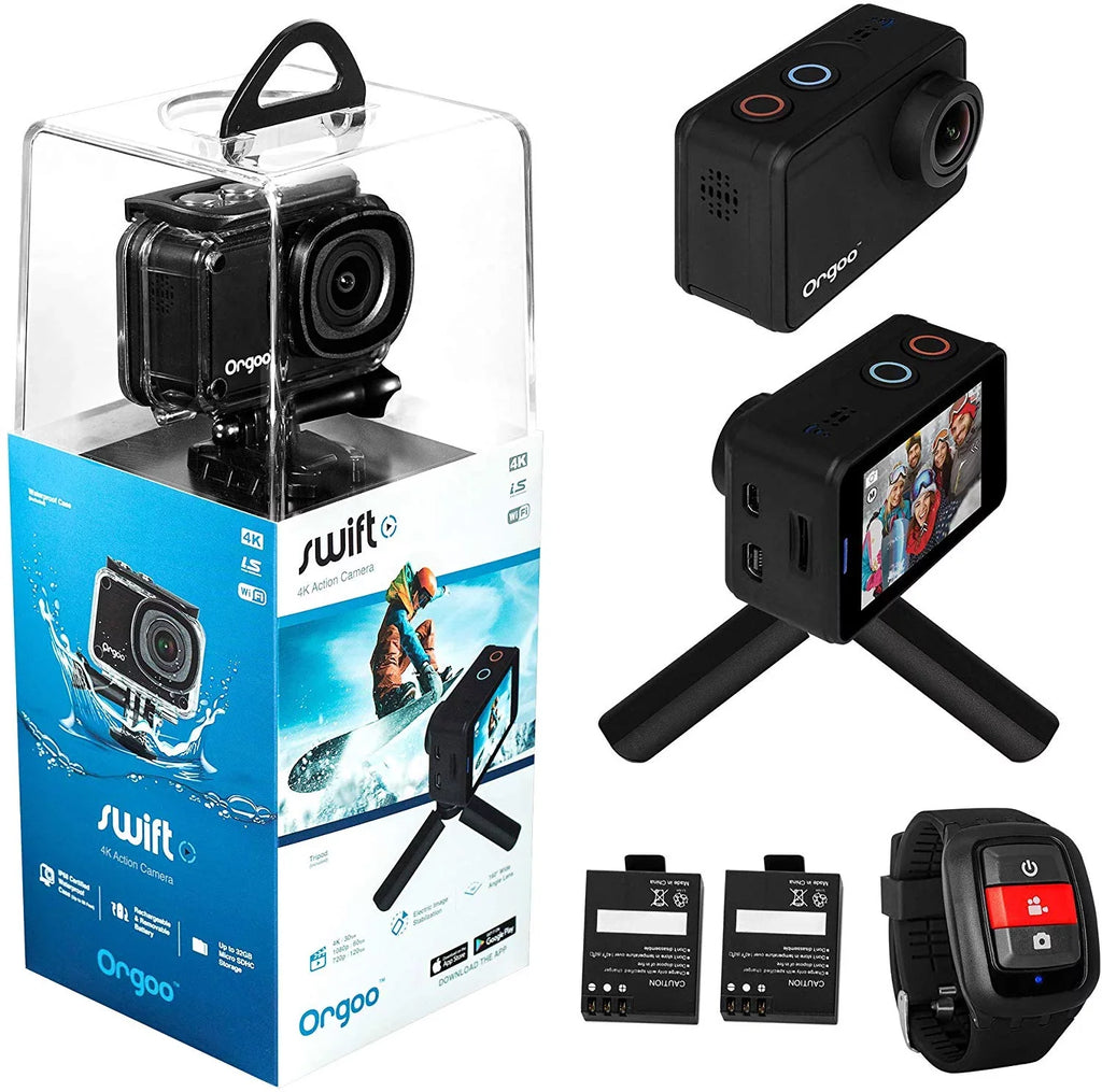 ORGOO OC1/BLK Swift 4K Action Camera Electronic Image Stabilization, Image Sensor, 2” IPS Touchscreen, Accessories (Ip68 Certified Waterproof Case, Wearable Remote, Mini Tripod, and More)
