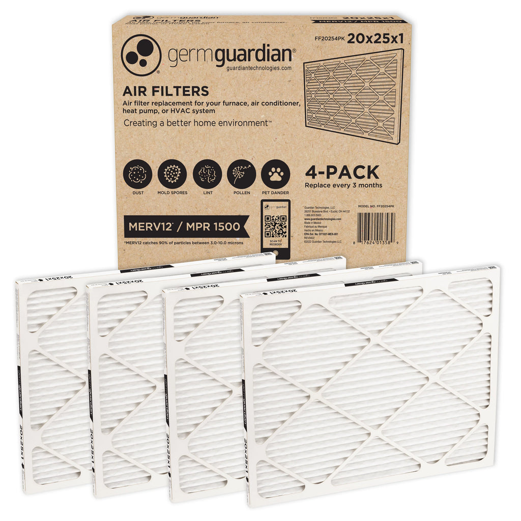 Germ Guardian 20 x 25 x 1 MERV 12 Pleated HVAC AC Furnace Air Filters (4-Pack)