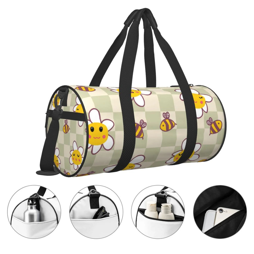 ZICANCN Retro Checkerboard Daisies Bees Travel Duffle Bag, Sports Tote Gym Bag Weekenders Bags for Women Men