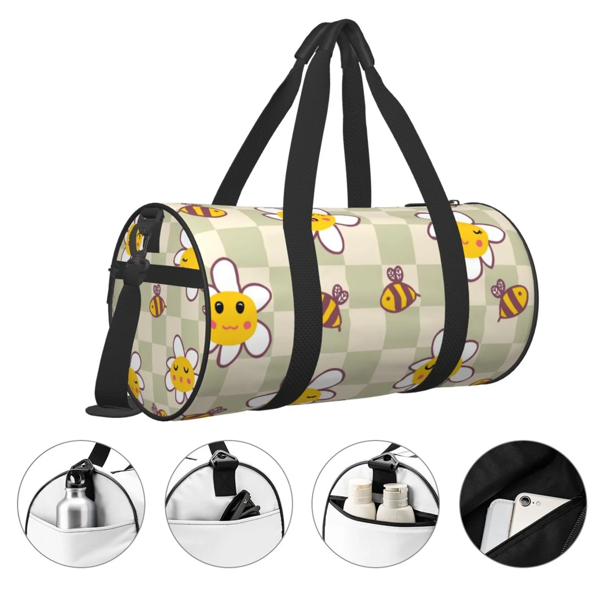 ZICANCN Retro Checkerboard Daisies Bees Travel Duffle Bag, Sports Tote Gym Bag Weekenders Bags for Women Men