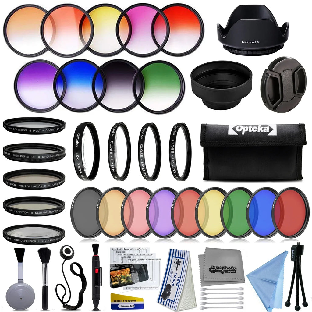 Opteka 58mm Professional 9pc Solid and Graduated Filter Accessory Bundle with 5pc Filter kit (UV-CPL-FL-ND4-10x), 4pc Macro Lens Set (+1,+2,+4,10x), Tulip & Rubber Lens hoods + Cleaning kit and More