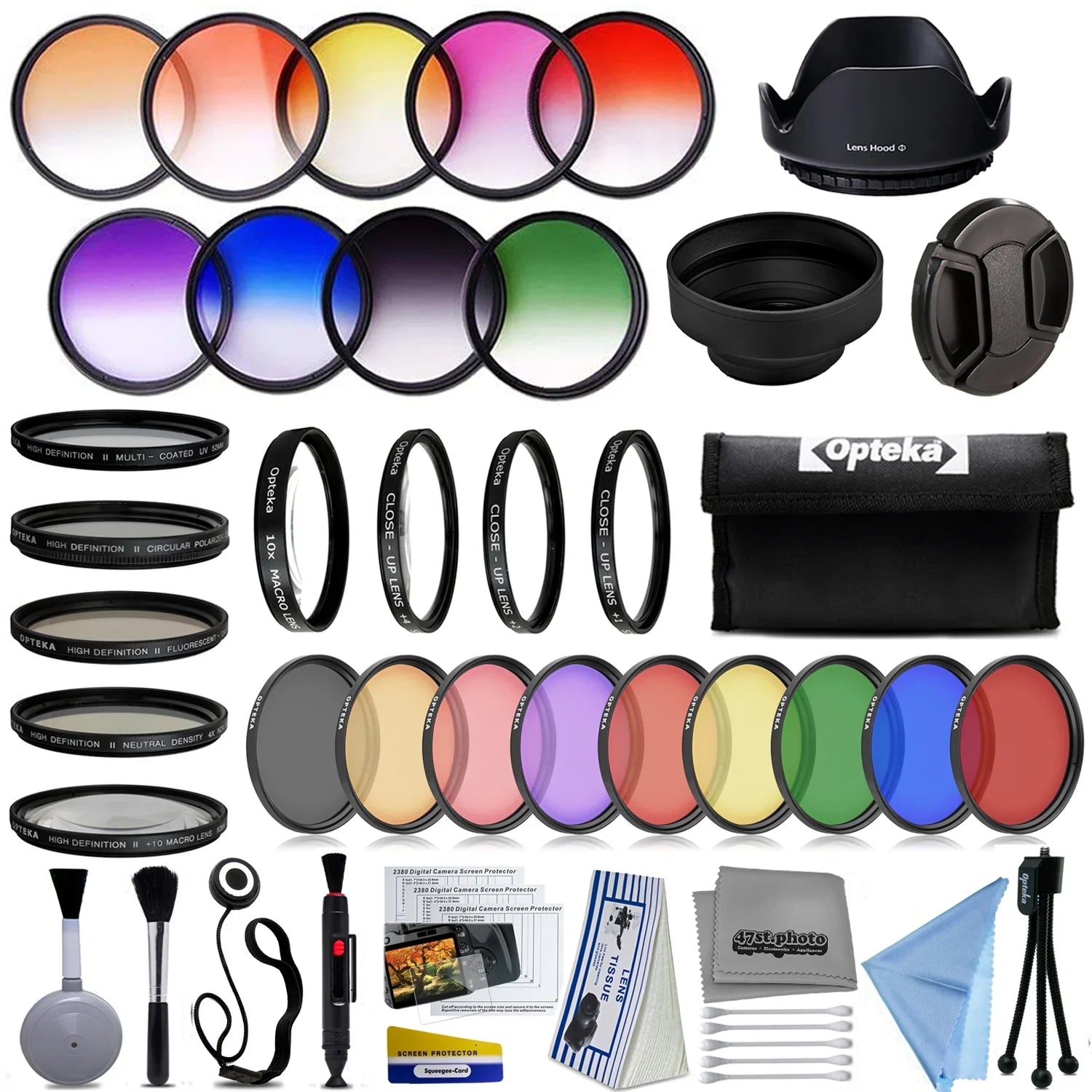 Opteka 58mm Professional 9pc Solid and Graduated Filter Accessory Bundle with 5pc Filter kit (UV-CPL-FL-ND4-10x), 4pc Macro Lens Set (+1,+2,+4,10x), Tulip & Rubber Lens hoods + Cleaning kit and More