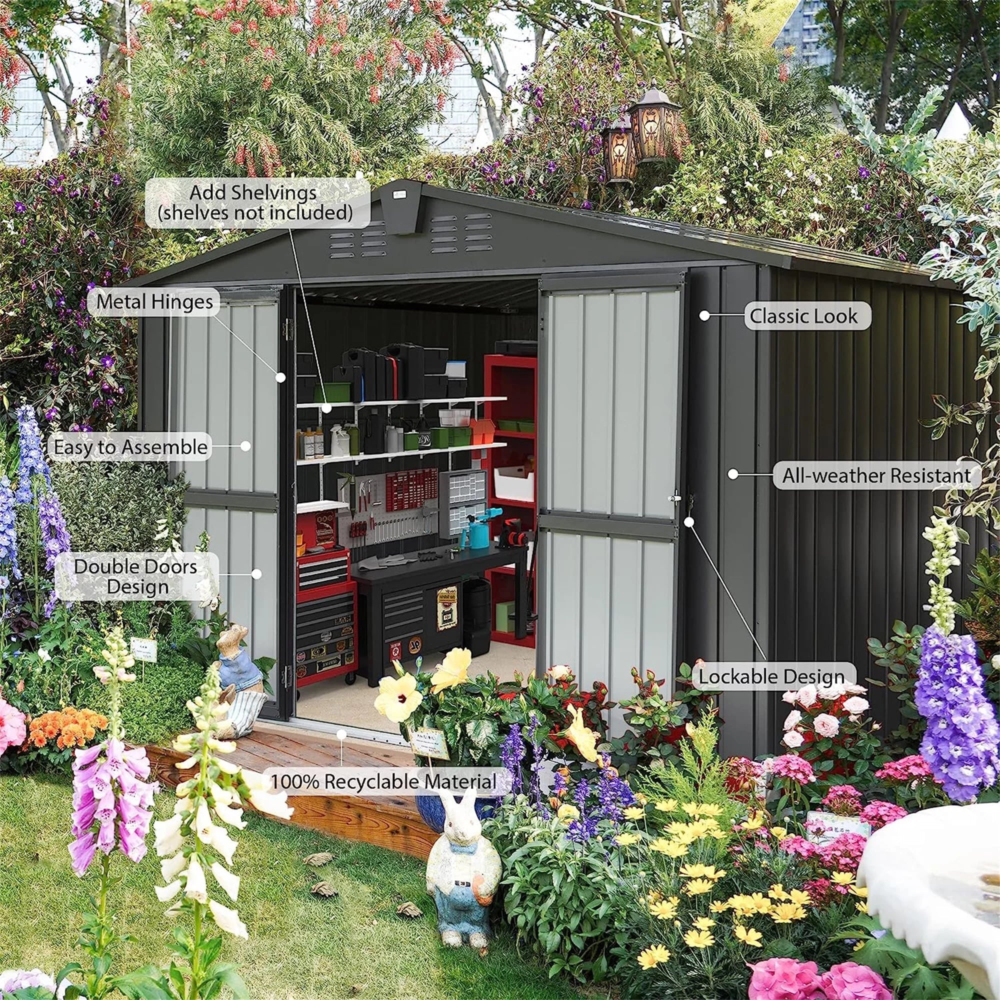 Homiyad Outdoor Storage Shed 10'X 8', Metal Garden Shed for Bike, Trash Can, Tools, Galvanized Steel Outdoor Storage Cabinet with Lockable Door for Backyard, Patio, Lawn (10X8ft, Jet