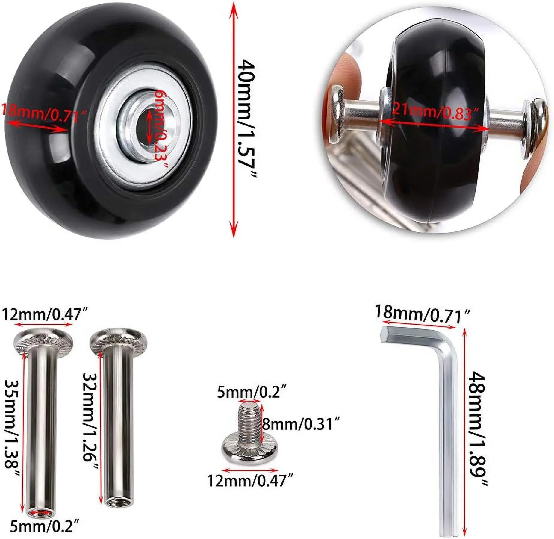 OwnMy 40mm x 18mm Luggage Suitcase Replacement Wheels, Rubber Swivel Caster Wheels Bearings Repair Kits, A Set of 4