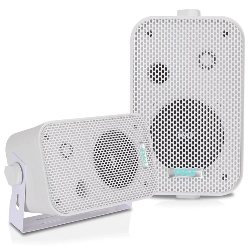 Pyle 200W Compact Wireless Bluetooth USB FM Radio Home Theater Amplifier Receiver System Bundle Combo with 4x 3.5" 300W Indoor/Outdoor White Waterproof Speakers, 16 Gauge 50 Feet Speaker Wire