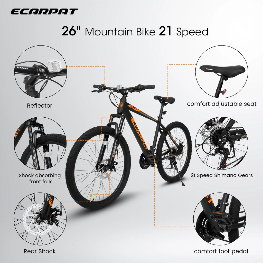 Ecarpat 26 inch mountain bike adult aluminum frame shock absorbing front fork bike 21-speed disc brake, Jet orange.