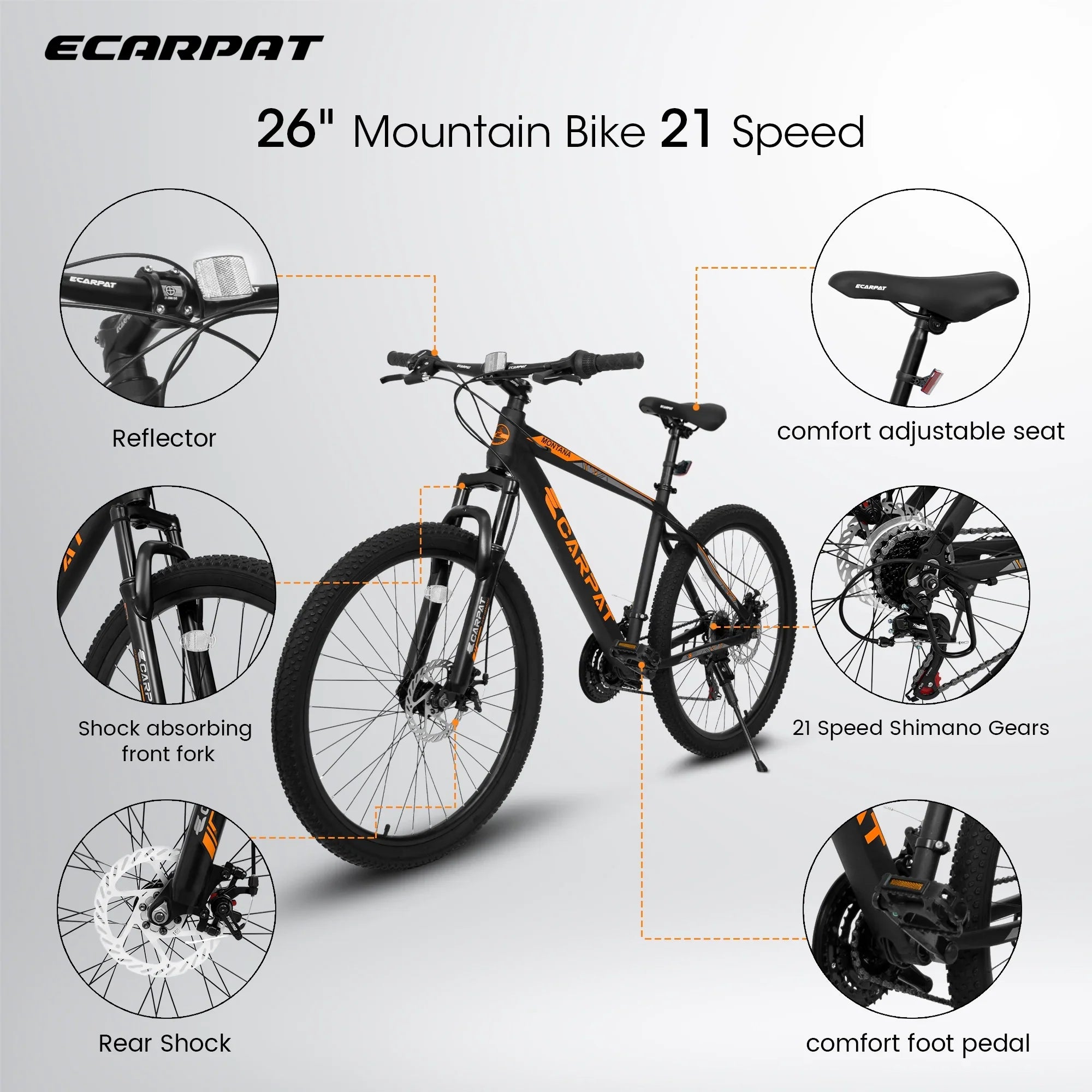 Ecarpat 26 inch mountain bike adult aluminum frame shock absorbing front fork bike 21-speed disc brake, Jet orange.