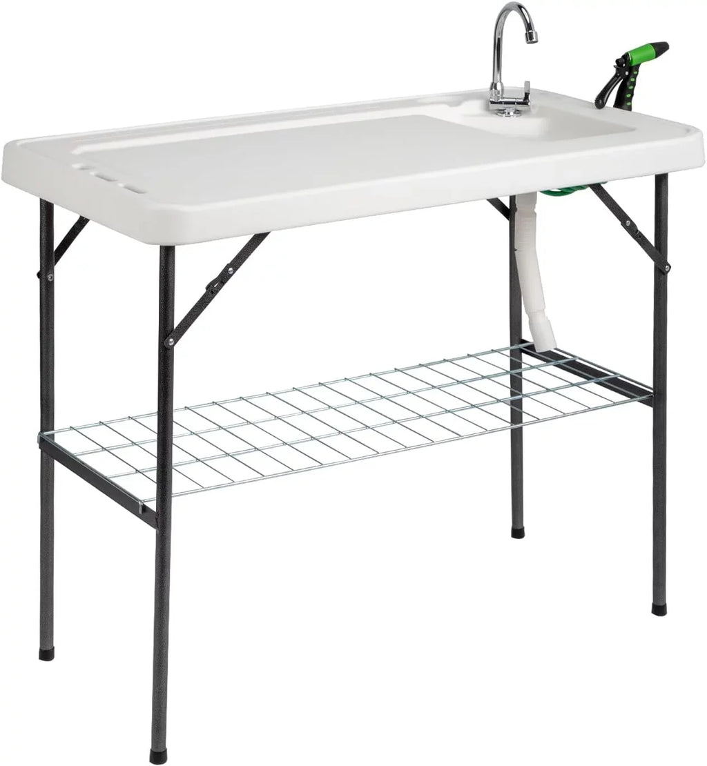 VINGLI Upgarded Folding Fish Cleaning Table with Sink, Portable Camping Sink Table with Grid Rack & Sprayer, Fish Fillet Cutting Table with Drainage Hose for Patio Backyard BBQ