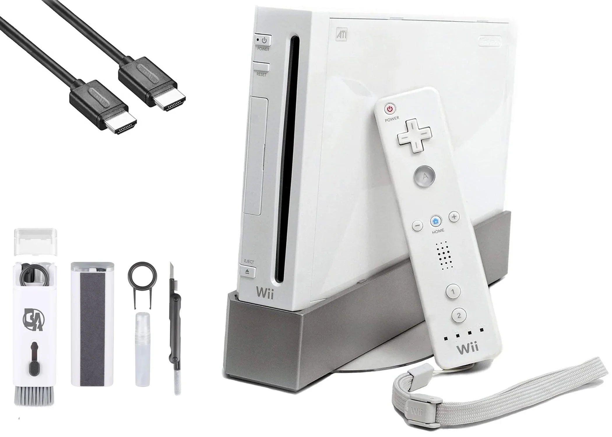 Nintendo Wii White Gaming Console + HDMI Cable Cleaning Kit BOLT AXTION Bundle Like New