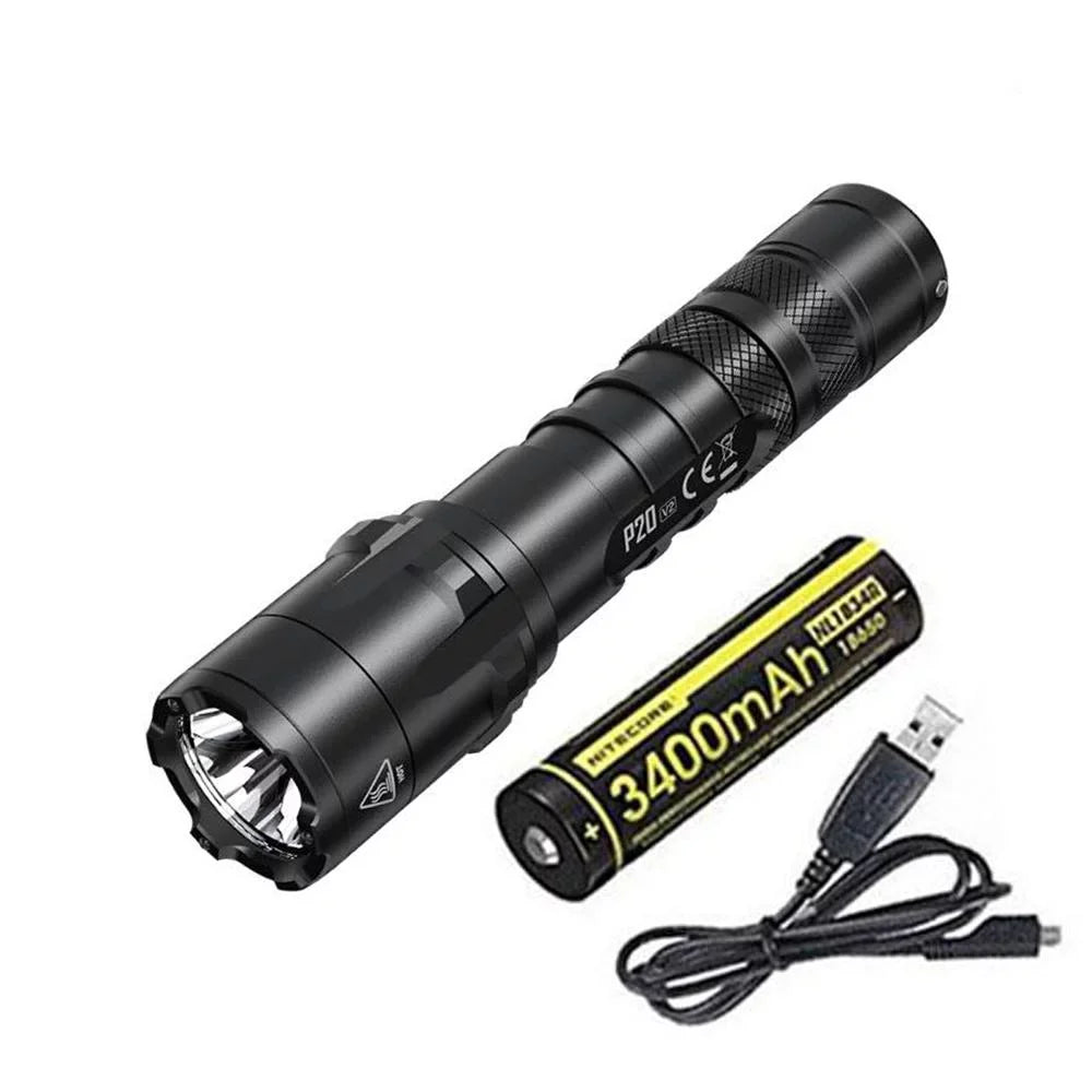 Combo: Nitecore P20 V2 Tactical LED Flashlight - CREE XP-L2 V6 - 1100 Lumens w/NL1834R Battery +Free Eco-Sensa USB Cord