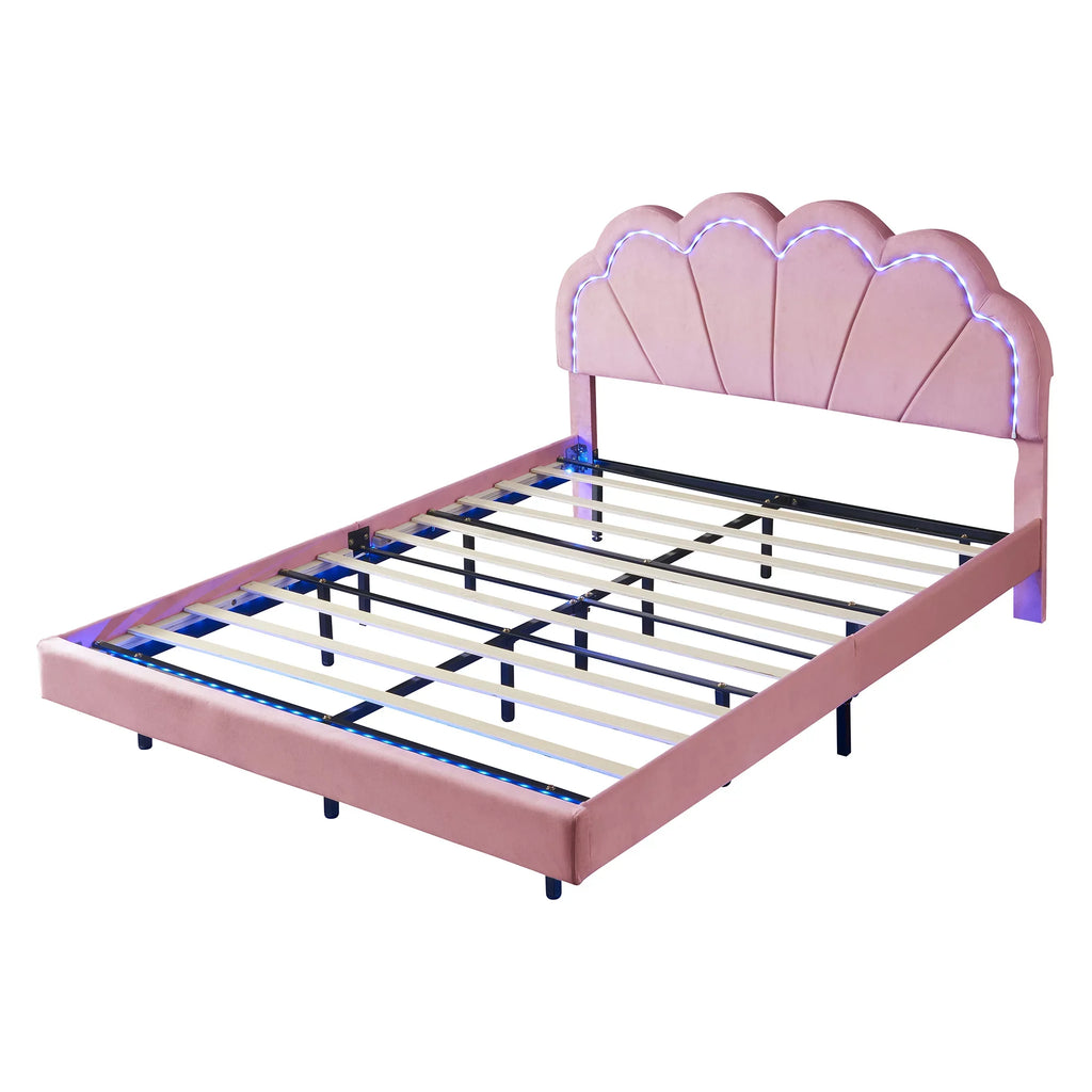 CoSoTower Queen Upholstered Smart LED Bed Frame with Elegant Flowers Headboard,Floating Velvet Platform LED Bed with Wooden Slats Support,Pink