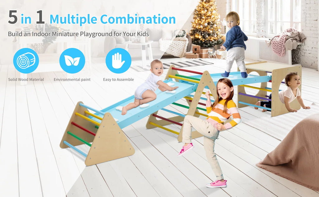 Set of 5 wooden triangle climbing toys indoor for toddler, 1 square and 2 triangle Climber with 2 Ramp for climbing sliding and walking, 5 in 1 toddler play equipment for indoor playground play gym