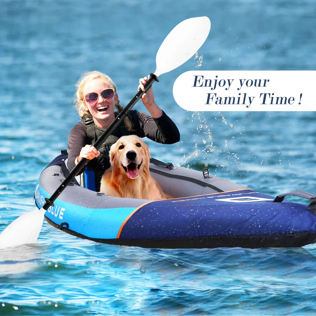 BRIGHT BLUE Inflatable Touring White Water Paddling Kayak 1-2 Persons sit-on with Paddles,Hand Pump,Backpack,Fins