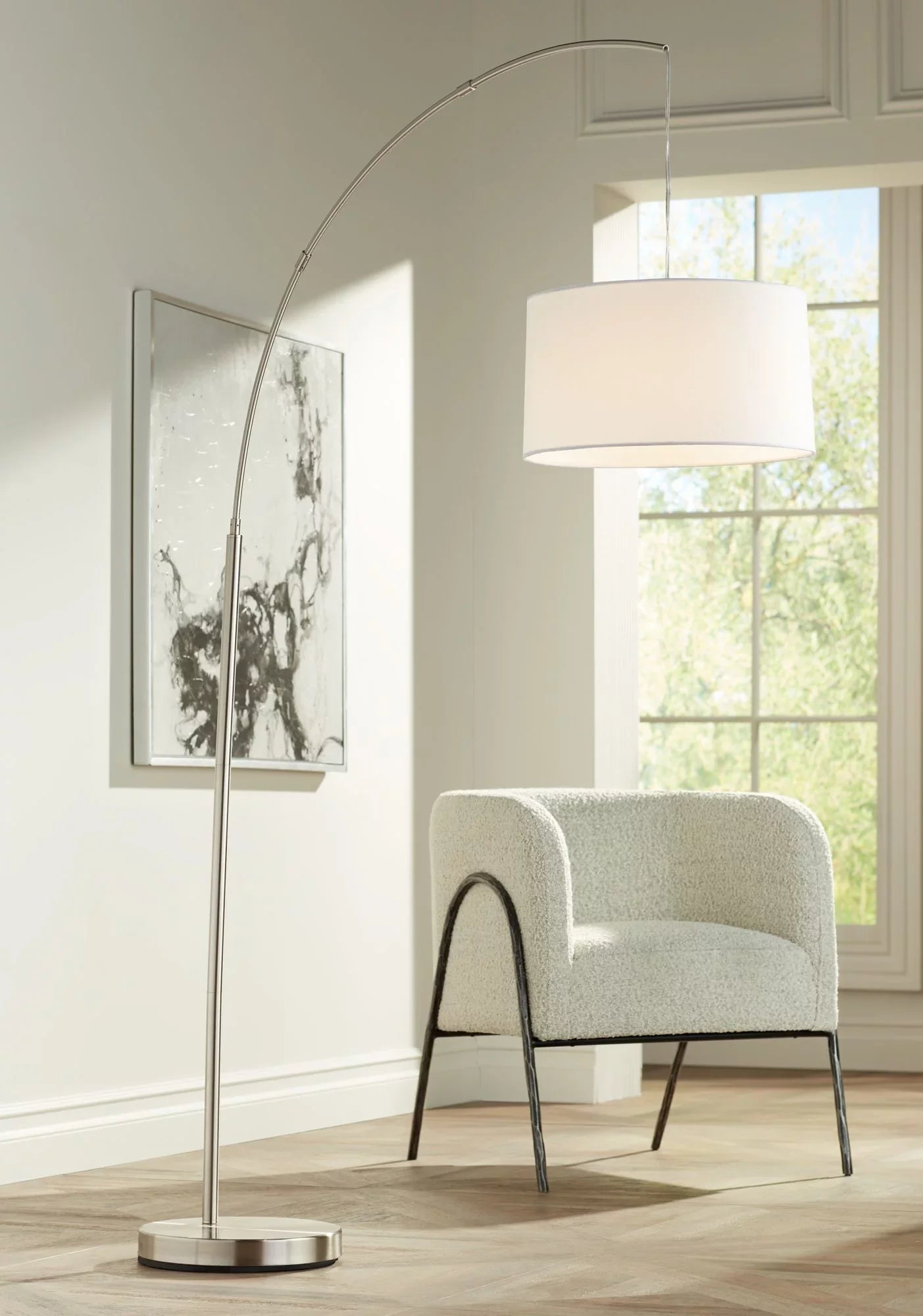 360 Lighting Cora Modern Arc Floor Lamp Standing 72" Tall Brushed Nickel Metal White Linen Drum Shade for Living Room Reading Bedroom Office House