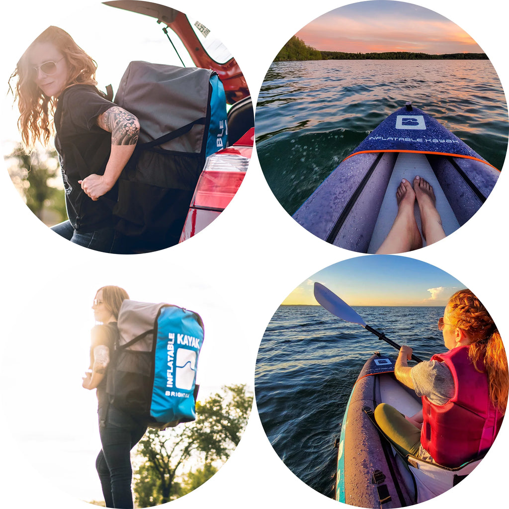 BRIGHT BLUE Inflatable Touring White Water Paddling Kayak 1-2 Persons sit-on with Paddles,Hand Pump,Backpack,Fins