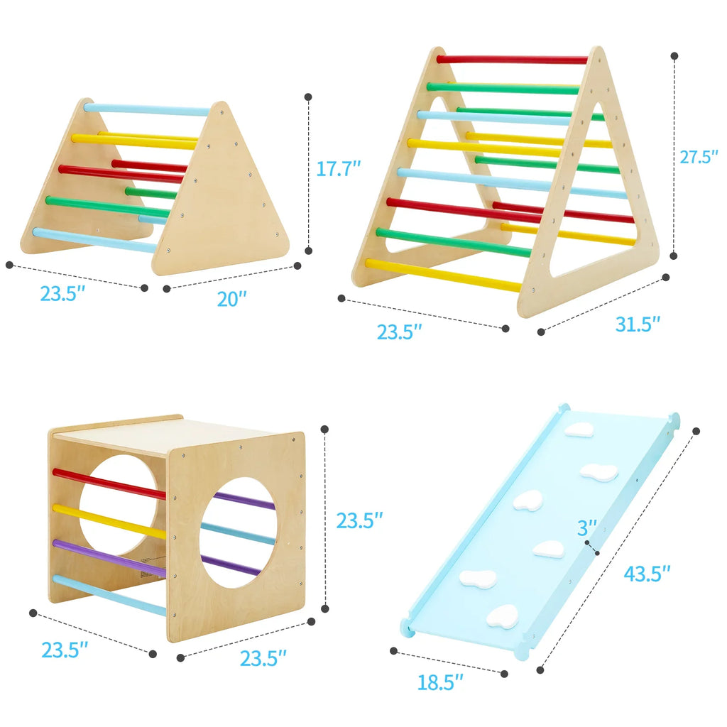 Set of 5 wooden triangle climbing toys indoor for toddler, 1 square and 2 triangle Climber with 2 Ramp for climbing sliding and walking, 5 in 1 toddler play equipment for indoor playground play gym