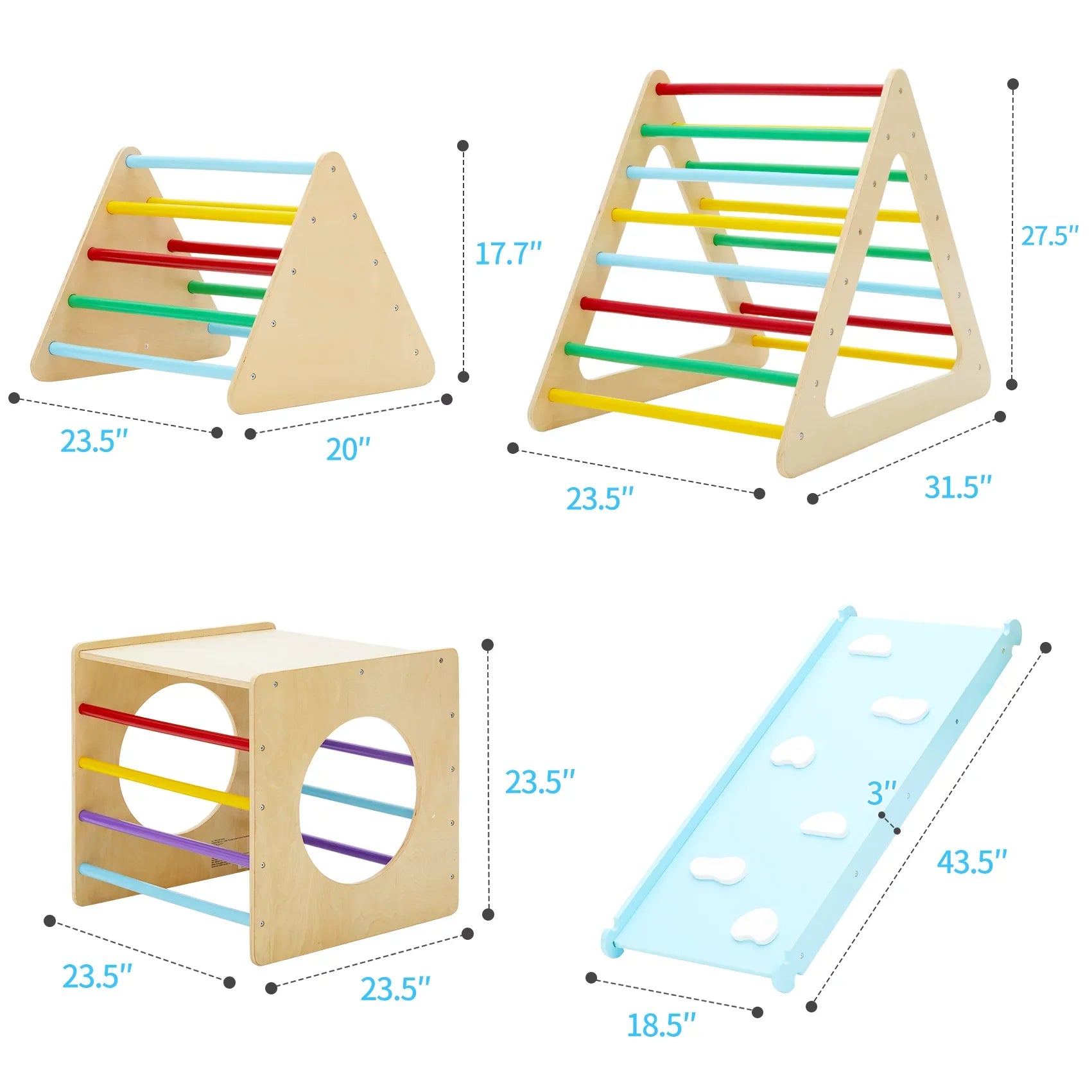 Set of 5 wooden triangle climbing toys indoor for toddler, 1 square and 2 triangle Climber with 2 Ramp for climbing sliding and walking, 5 in 1 toddler play equipment for indoor playground play gym
