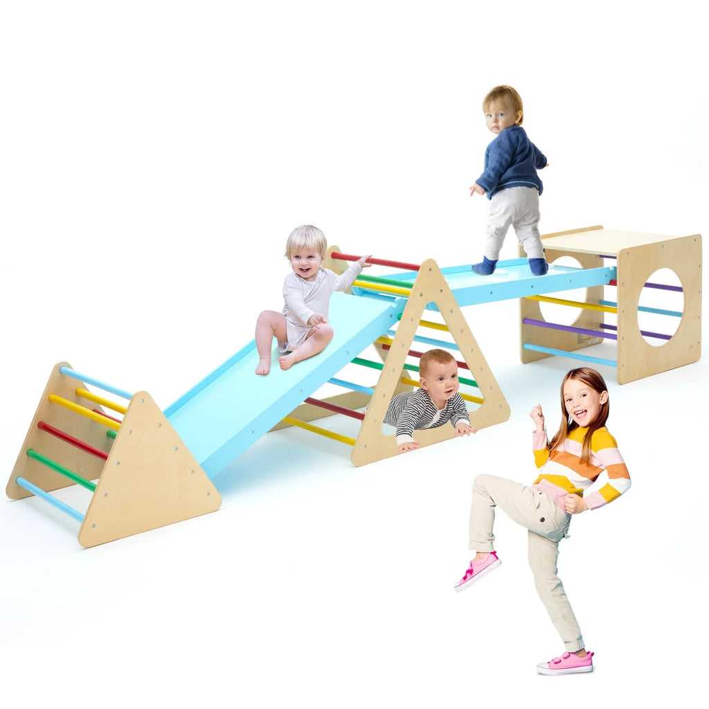 Set of 5 wooden triangle climbing toys indoor for toddler, 1 square and 2 triangle Climber with 2 Ramp for climbing sliding and walking, 5 in 1 toddler play equipment for indoor playground play gym