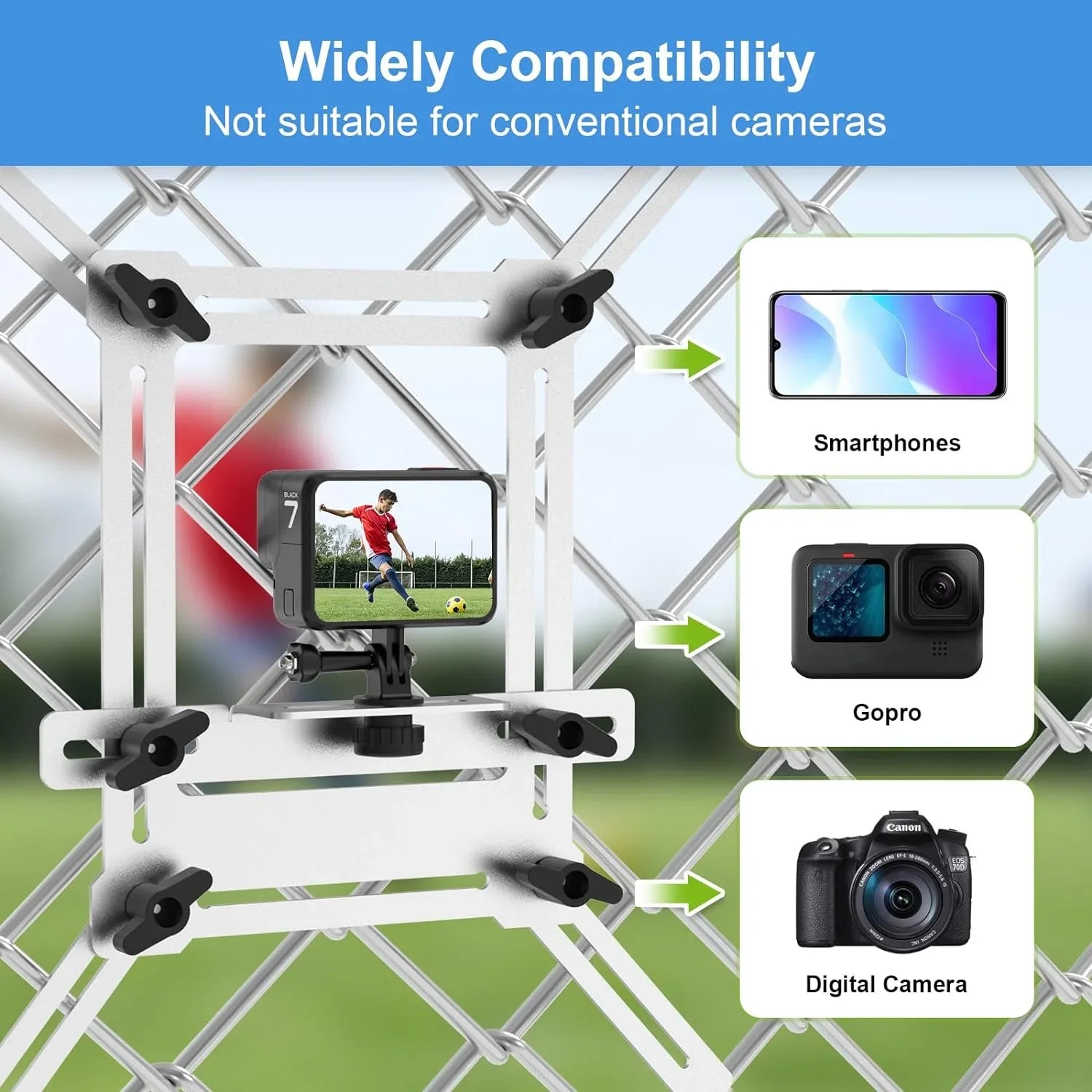 Fence Mount for GoPro, iPhone, Phones, Digital Action Camera, to a Chain Link Fence for Recording Baseball,Softball