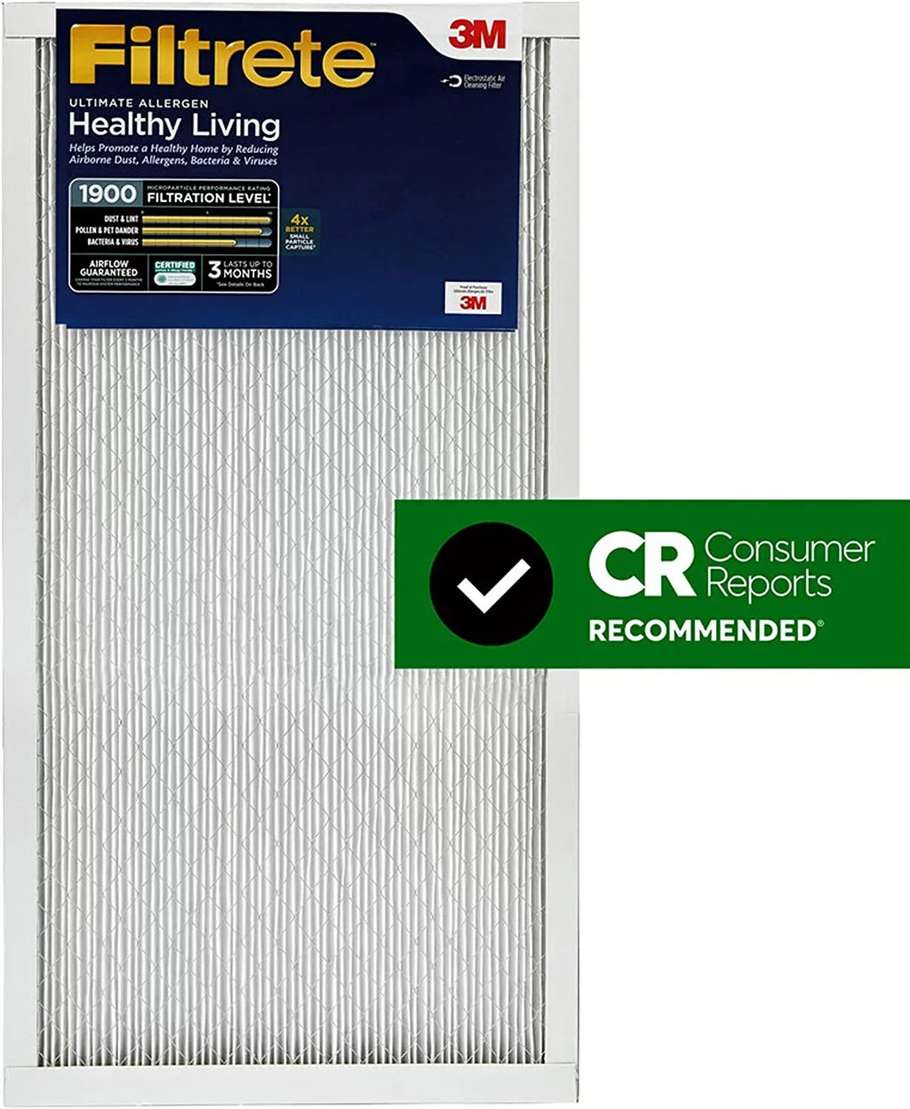 Filtrete 12x24x1 Air Filter, MPR 1900, MERV 13, Healthy Living Ultimate Allergen 3-Month Pleated 1-Inch Air Filters, 2 Filters