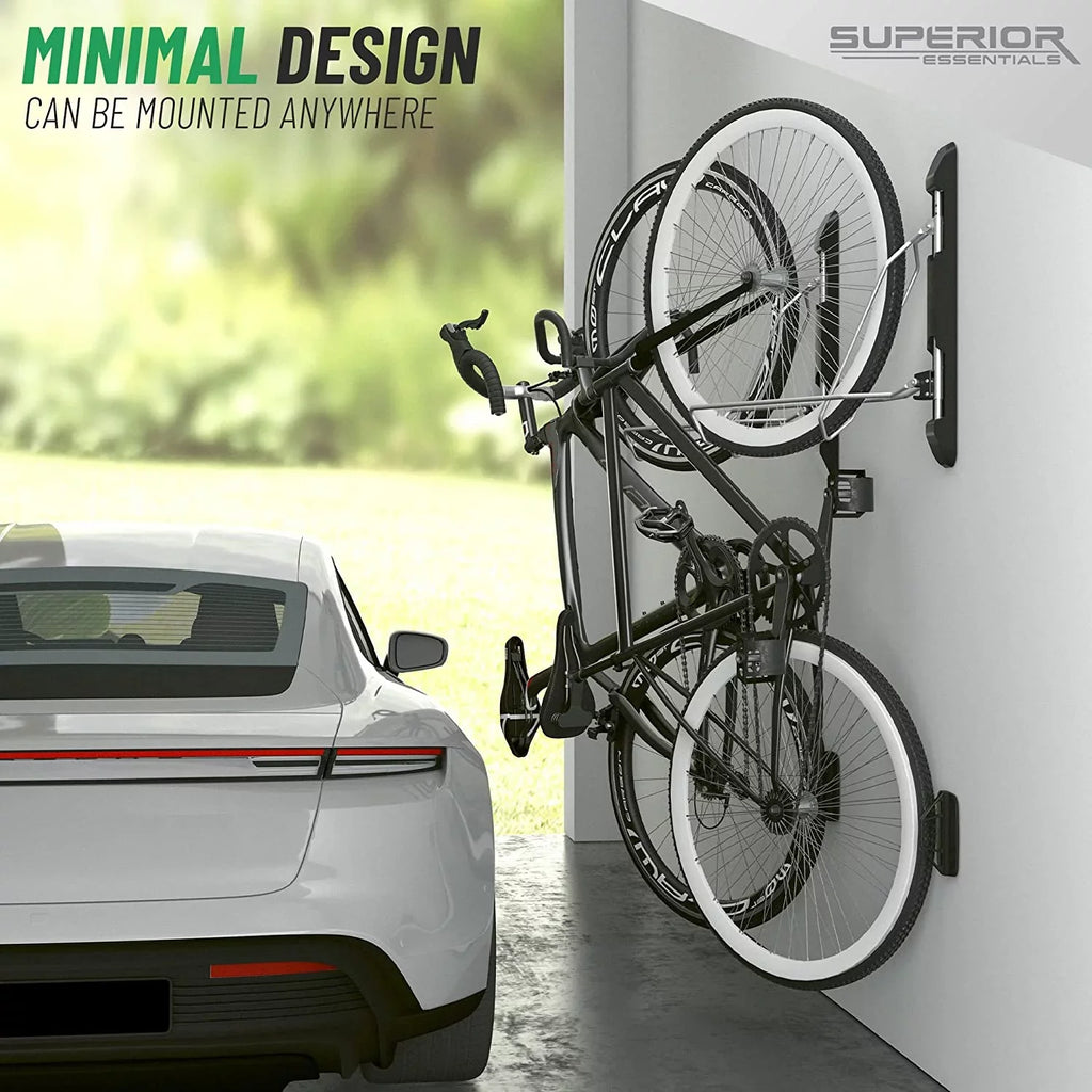 Superior Essentials Vertical Bike Rack - Easy to Hang and Detach, 180-Degree Swivel Swing, Foldable Bike Wall Mount - Maximize Your Garage Space with Our Top-Notch Bike Hangers for Garage Jet