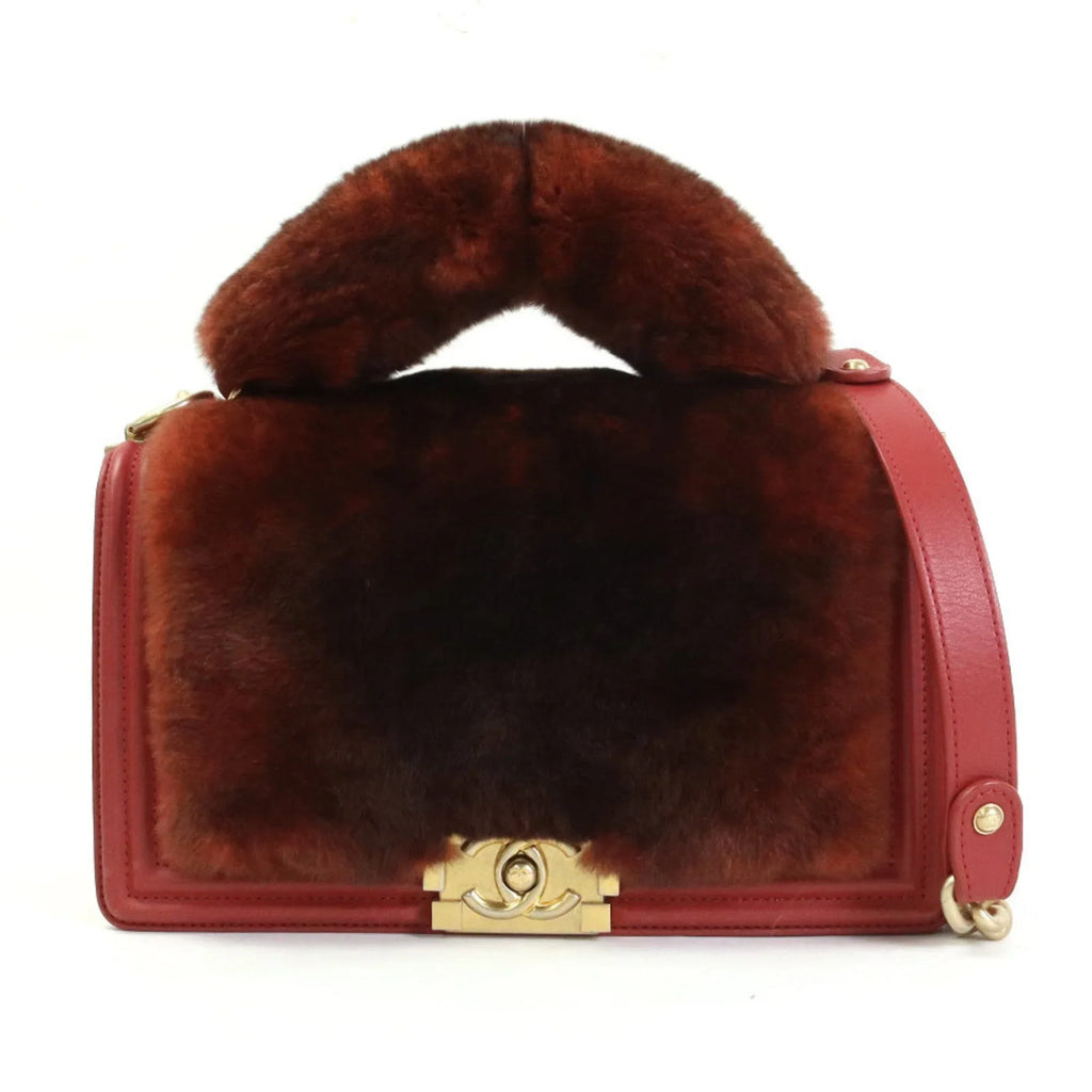 Pre-Owned Chanel CHANEL handbag diagonal shoulder bag boy fur/leather brown red gold ladies e55871a (Good)