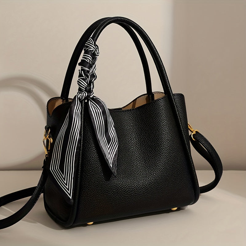 moocr Handbag With Scarf Accent PU Leather Elegant Shoulder Bag With Dual Handles For Daily Use Luxury Solid Color Crossbody Purse