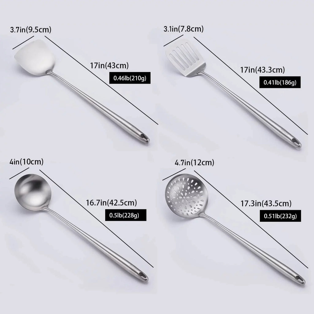 Stiwee 2024 Newest Sale Cooking Equipment Cooker 17Inch Wok Spatula And Ladle Skimmer Spoon Slotted Spatula 304 Stainless Steel Kitchen Utensils Set 4Pieces All Metal Extra Long Handle Cooking Tools