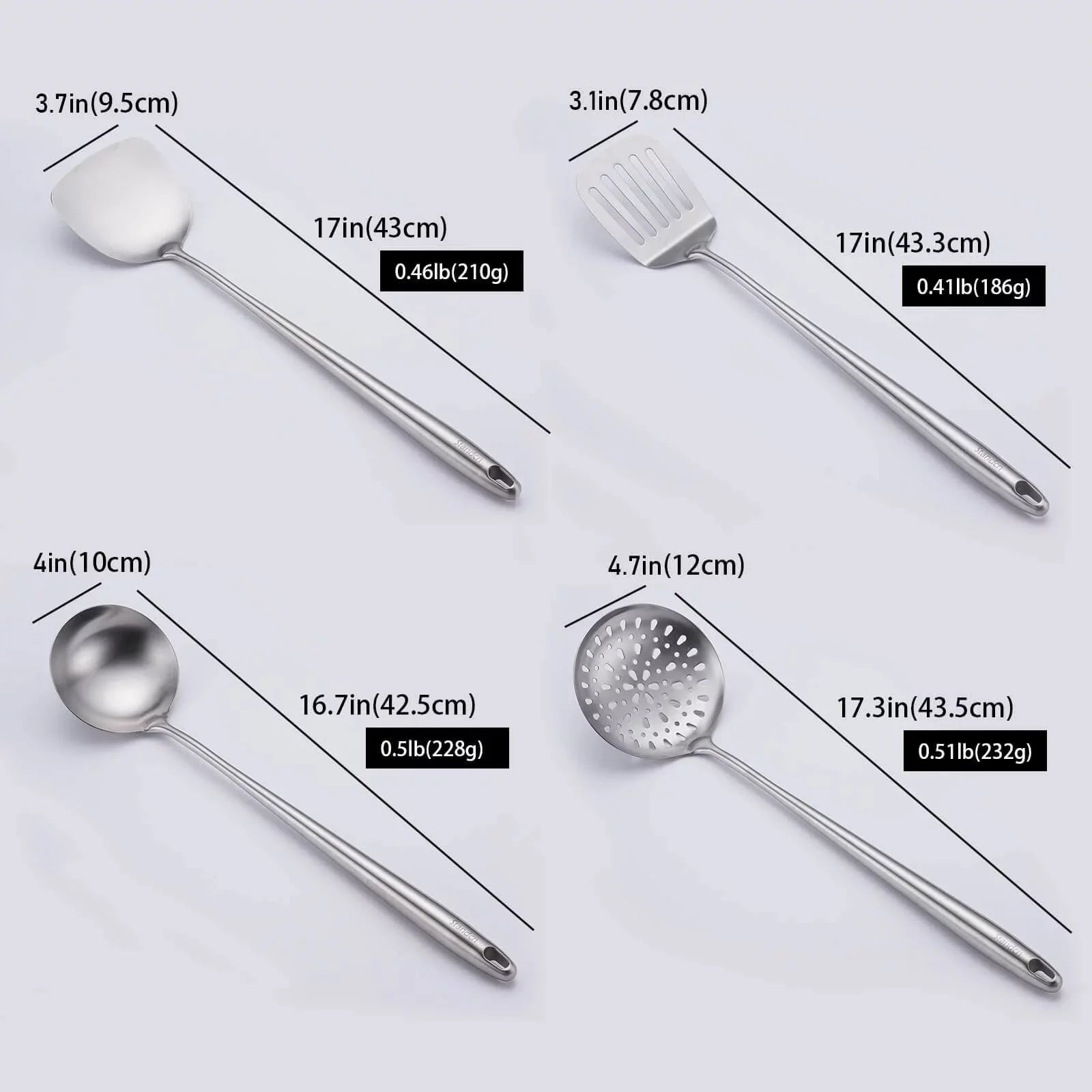 Stiwee 2024 Newest Sale Cooking Equipment Cooker 17Inch Wok Spatula And Ladle Skimmer Spoon Slotted Spatula 304 Stainless Steel Kitchen Utensils Set 4Pieces All Metal Extra Long Handle Cooking Tools