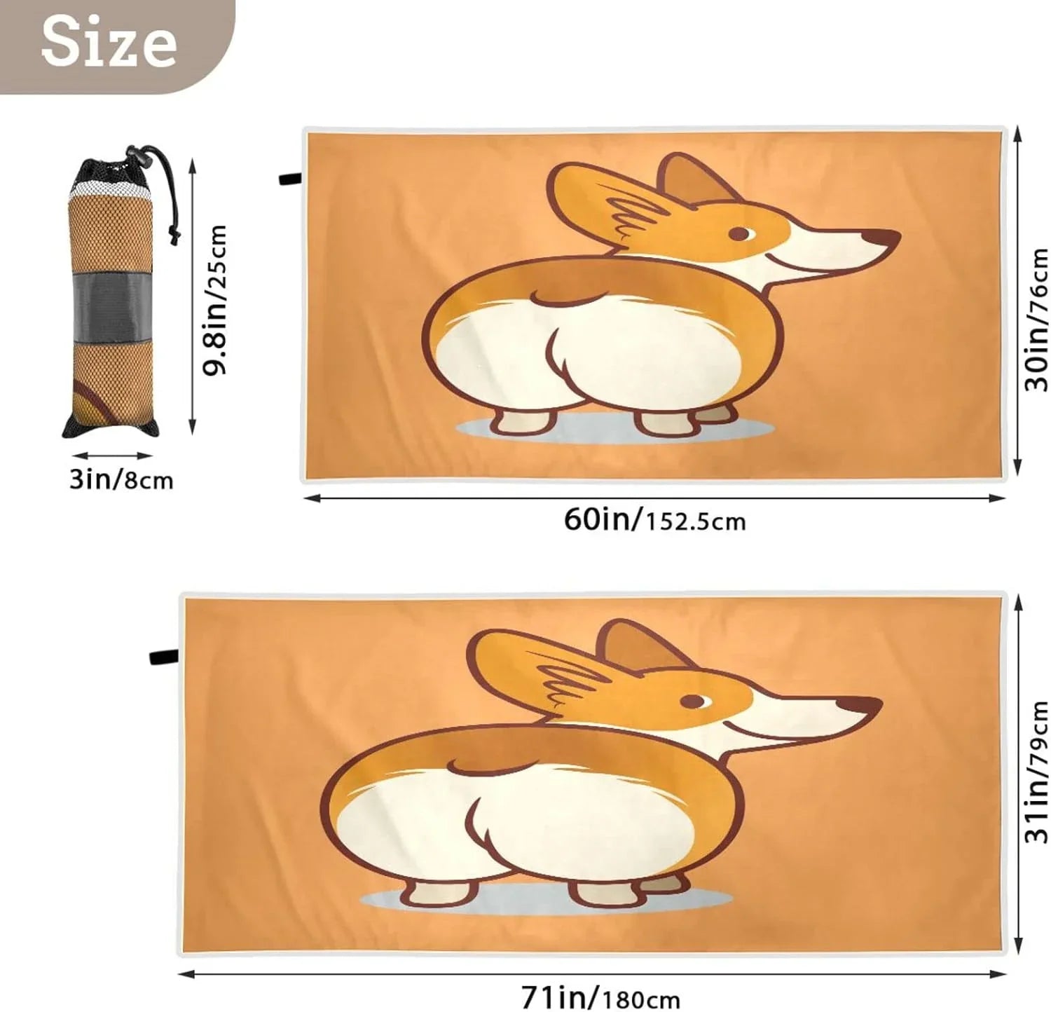 Bestwell Cute Corgi Orange Beach Towel - Super Absorbent Oversized Travel Towels - Load Compact Quick Dry Towel for Swimming Camping Holiday（353）