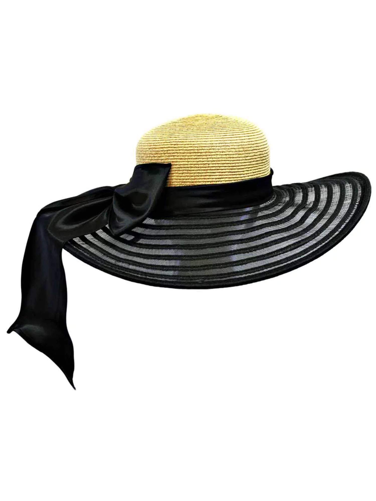 Wheat & Jet Wide Brim Floppy Hat Large With Satin Bow