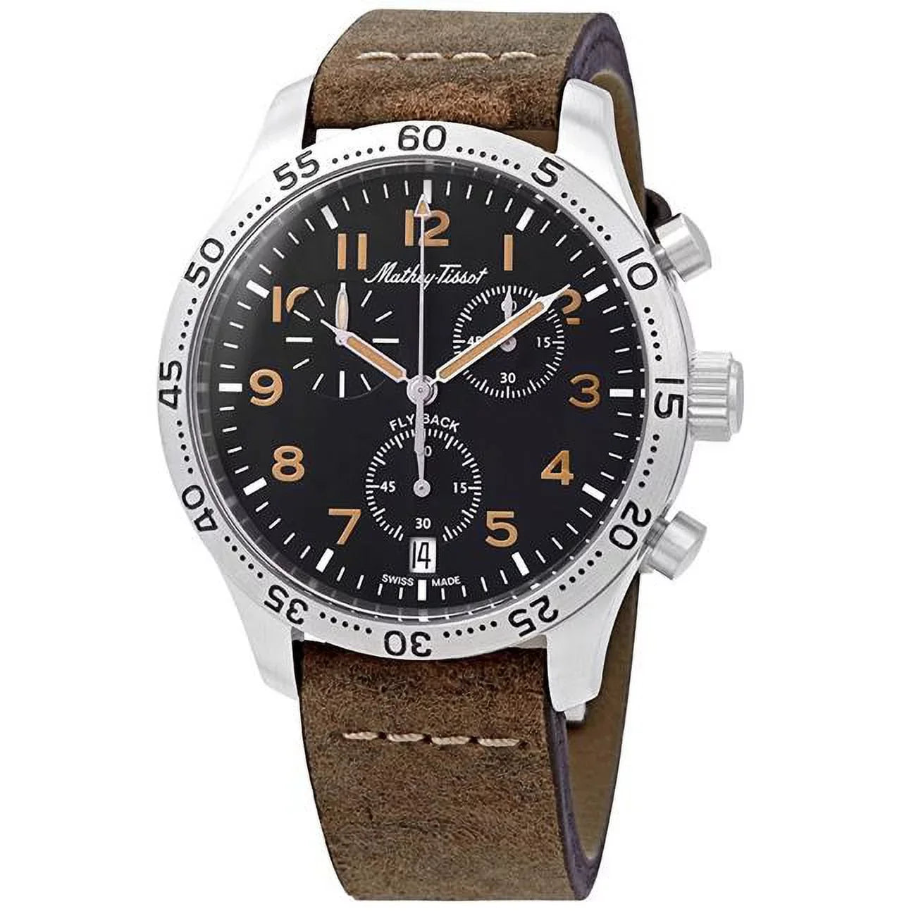 Flyback Type 21 Chronograph Leather Strap Dark Dial Quartz Mens Watch, Jet - Adult
