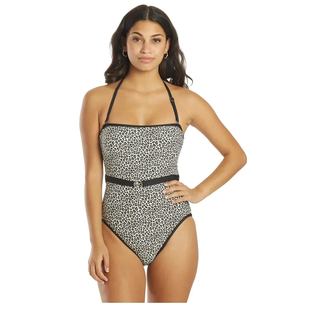 Michael Kors Women's Logo-Belt Printed Bandeau One-Piece Swimsuit Ebony Size 10