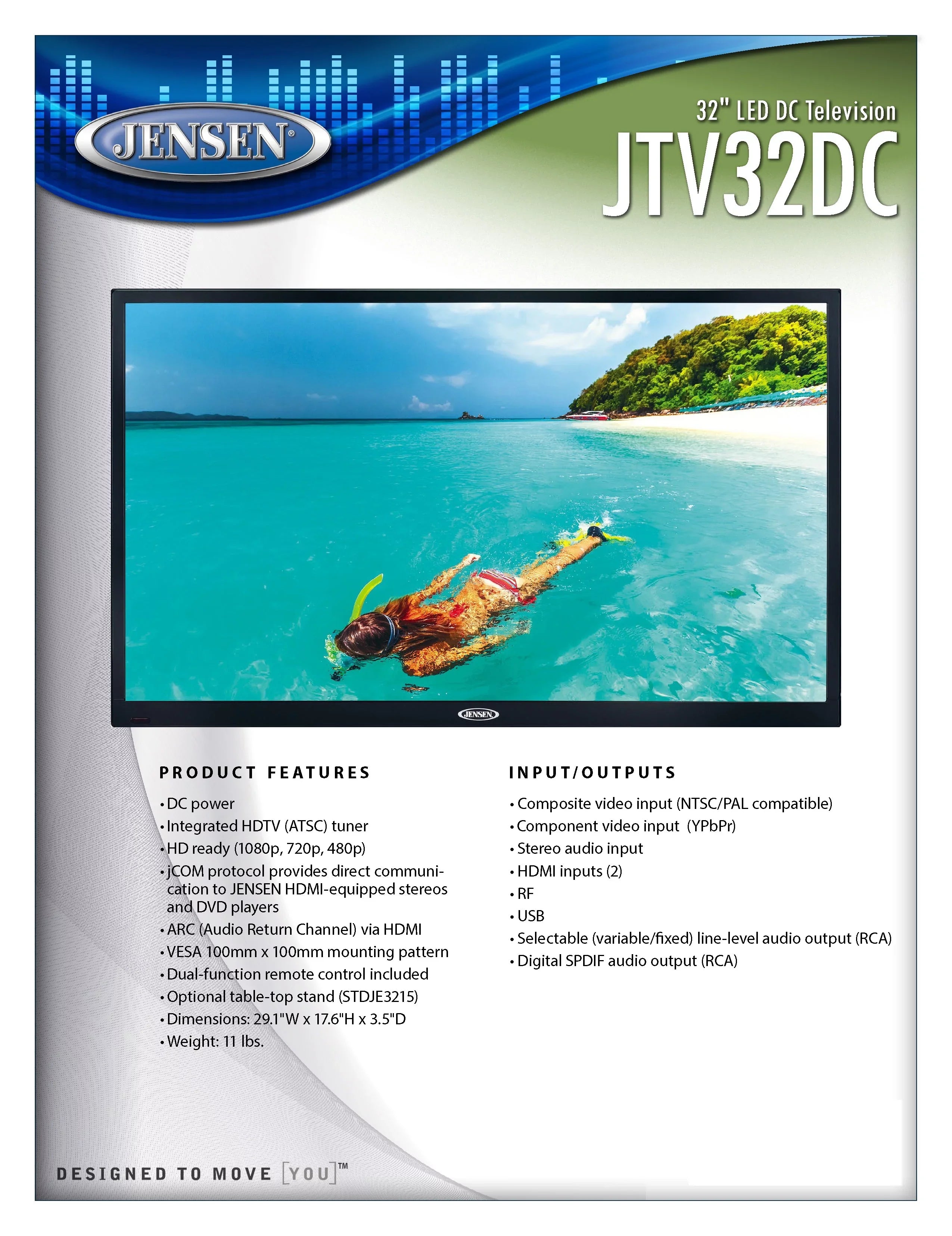 JENSEN JTV32DC HD Ready 32" Inch LED TV with Integrated HDTV (ATSC) Tuner, HD ready (1080p, 720p, 480p), 12V DC, specially built for Boats, Yacht, RV Recreational Vehicle, Trailer, Camper, Motor Home
