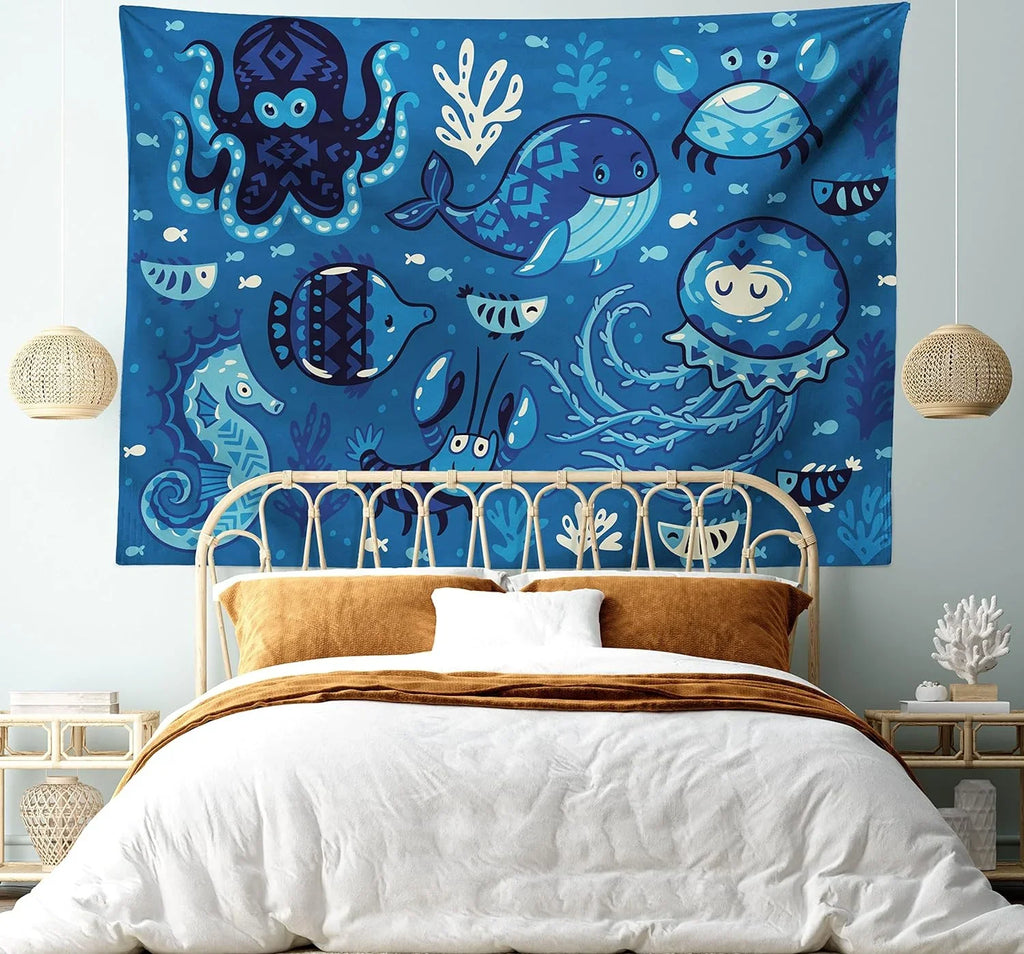 Ocean Tapestry, Deep Sealife With Cartoon Animals Little Whale Fish Octopus And Moss Print, Fabric Wall Hanging Decor For Bedroom Living Room Dorm, 45" X 30", Blue