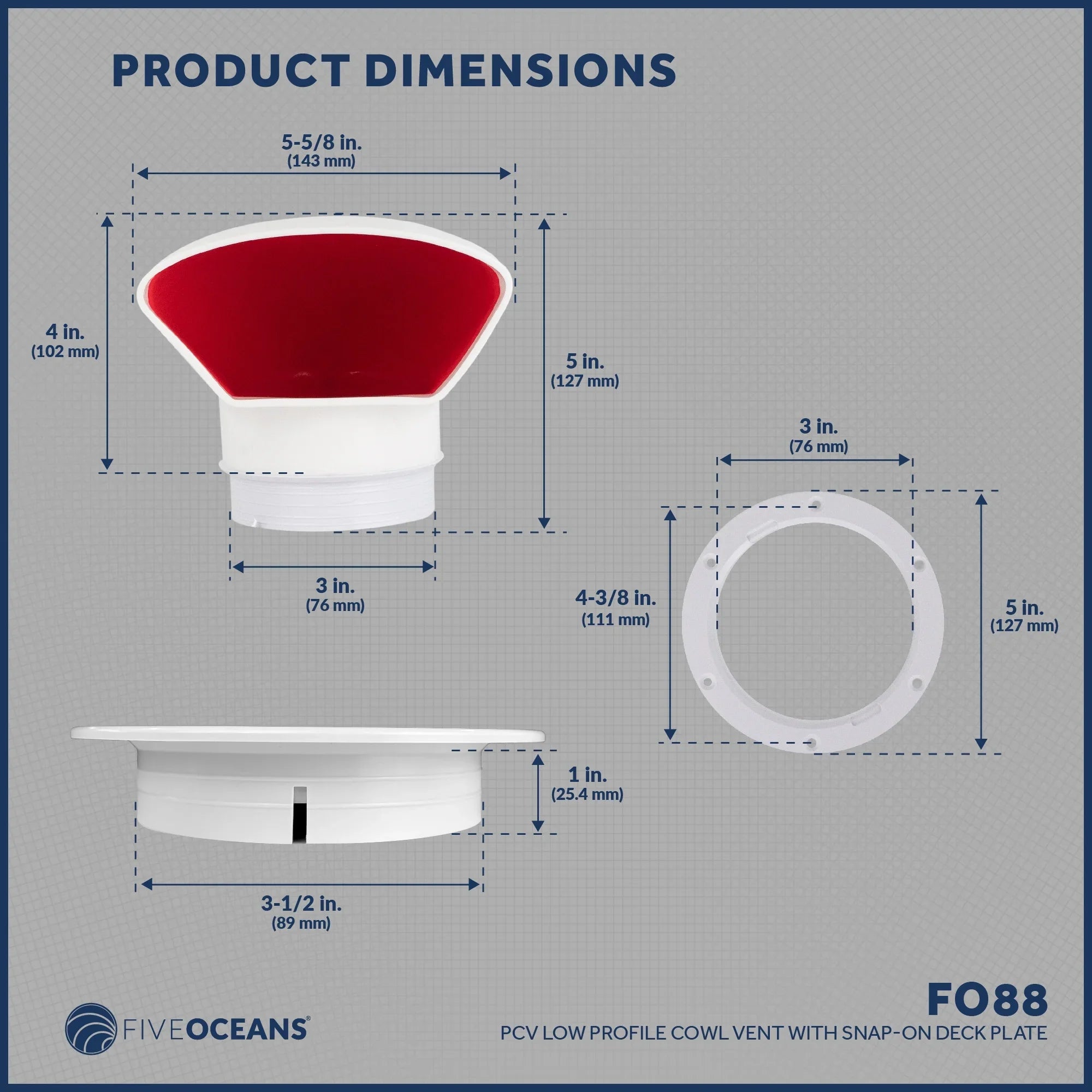 Five Oceans 3-Inch Cowl Vent with Snap-On Deck Plate and Cover, Low Profile UV-Resistant and Flexible Polyvinyl Chloride Red Interior, for Air Intake or Cabin Ventilation- FO88