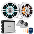 Fusion SG-FLT772SPW 7.7'' Sports White Tower Speaker with Fixed Clamps and SG-DA41400 4-Channel Amplifier
