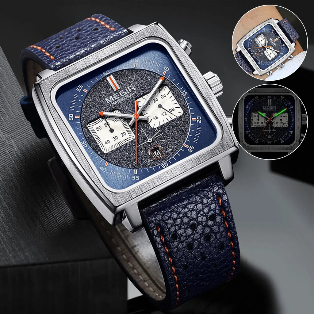 Waterproof MEGIR Men's Leather Luminous Analog Sports Quartz Military Wristwatch