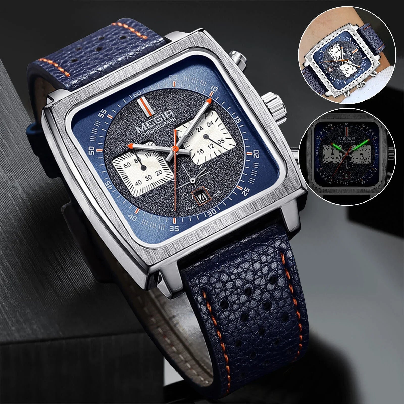 Waterproof MEGIR Men's Leather Luminous Analog Sports Quartz Military Wristwatch