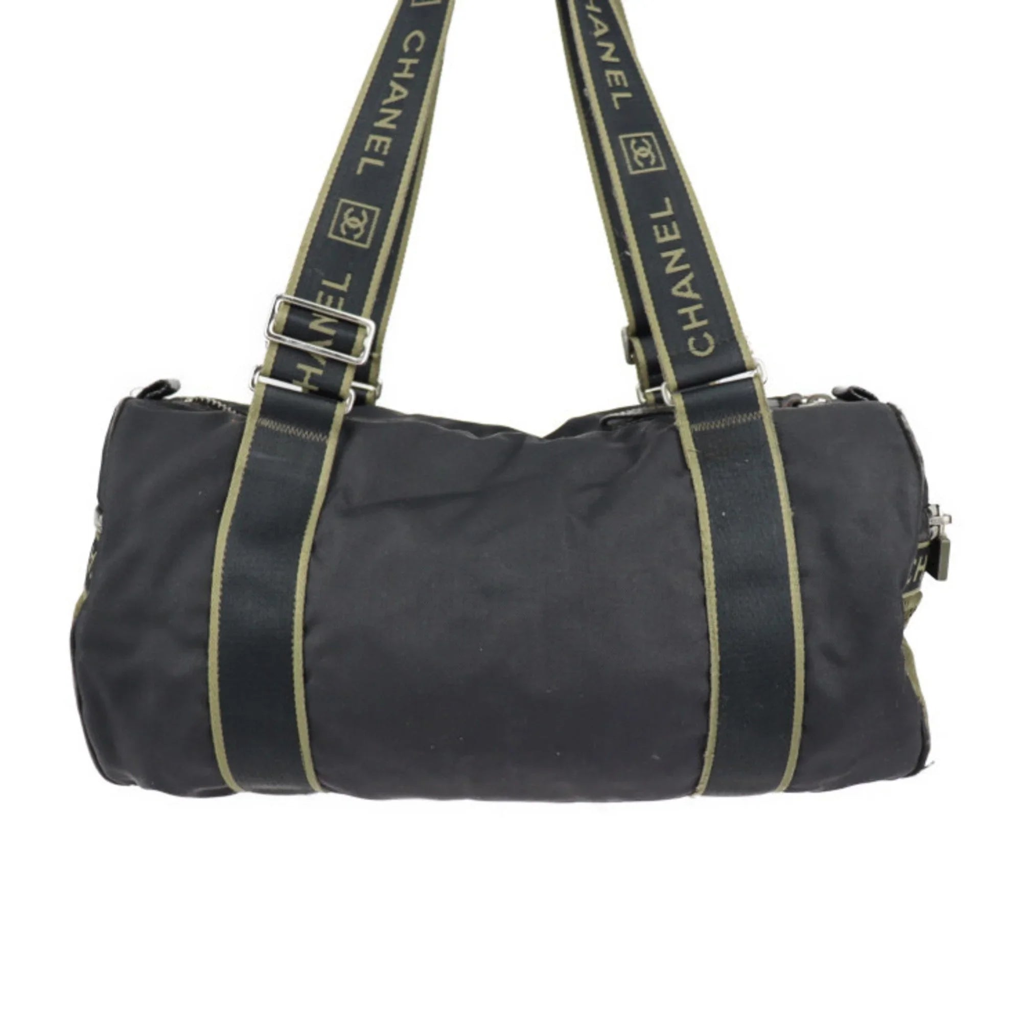 Pre-Owned CHANEL Chanel Sport Line Boston Bag Nylon Canvas Jet Khaki Green Shoulder Travel Cocomark 10 Series Round Cylindrical (Fair)