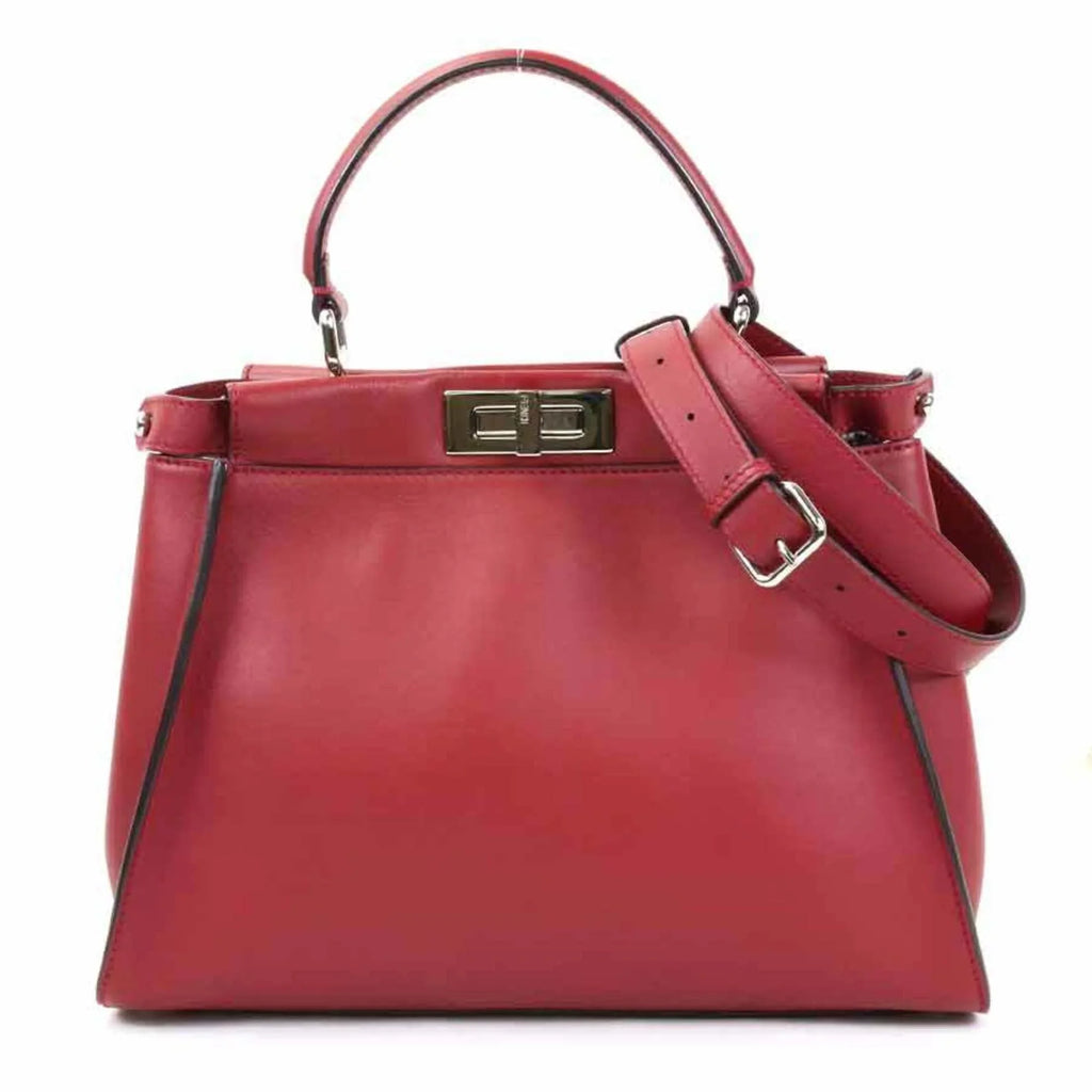 Pre-Owned Fendi FENDI Handbag Shoulder Bag Peekaboo Leather Dark Red Silver Women's (Good)