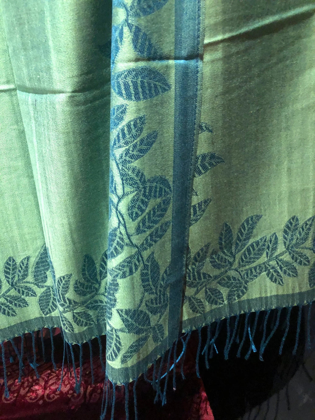 Vintage Teal blue and Green Vine Brocade Reversable Pashmina Scarf Wrap shawl