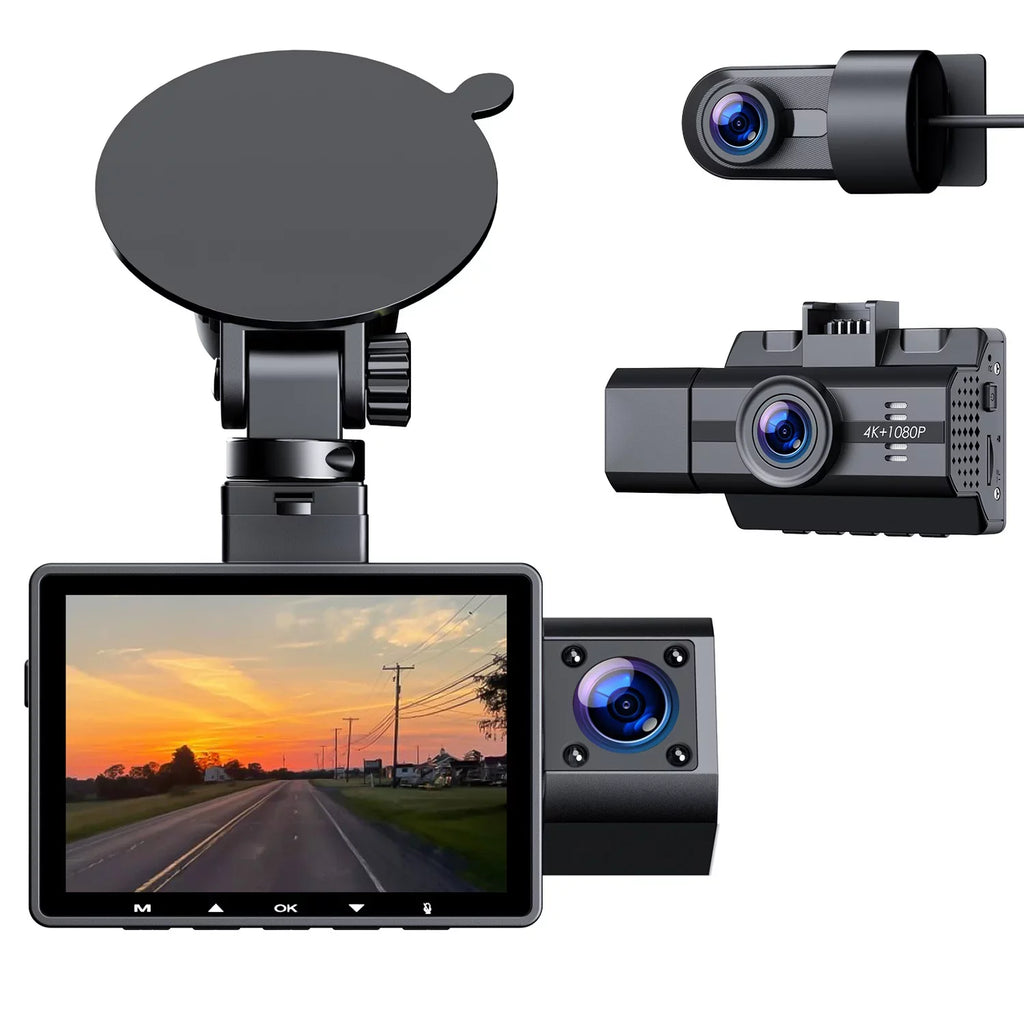 3 Channel 4K Dash Cam Front and Rear Inner 4K+1080P Dash Camera Front and Inner Triple Car Camera 2K+1080P+1080P with IR Night Vision, WDR, 170°Wide Angle, Parking Monitor