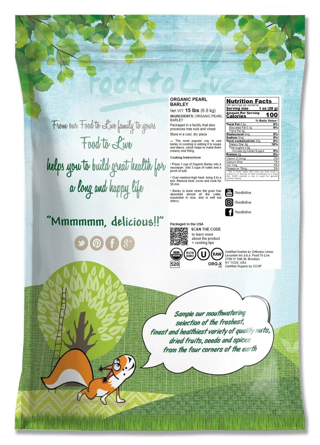 Organic Pearl Barley, 15 Pounds — Non-GMO, Kosher, Raw, Vegan — by Food to Live