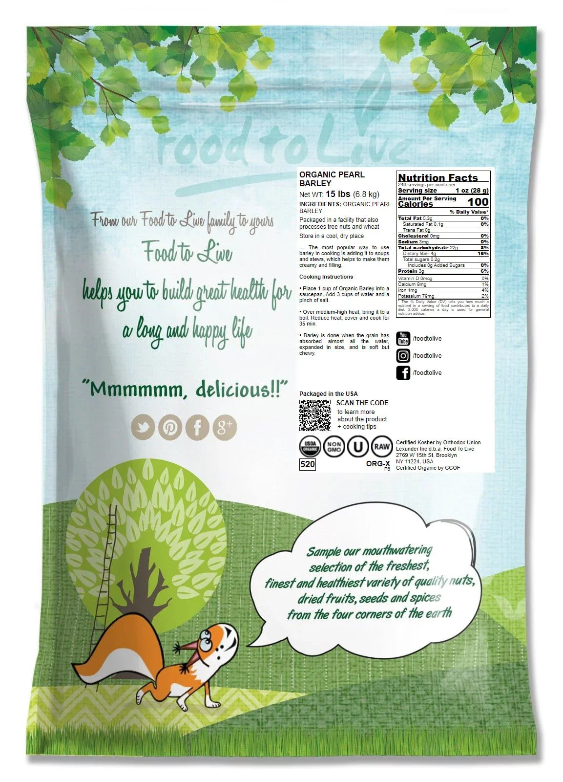 Organic Pearl Barley, 15 Pounds — Non-GMO, Kosher, Raw, Vegan — by Food to Live