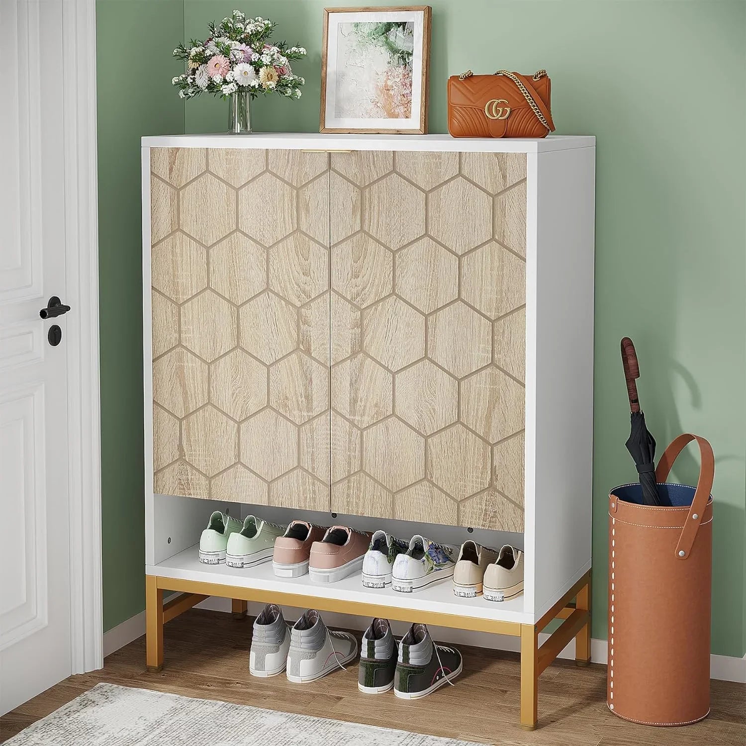 Tribesigns Shoe Cabinet with Doors, Entryway 5 Tier Shoe Storage Cabinet with Adjustable Shelves, Wood Grain & White & Gold