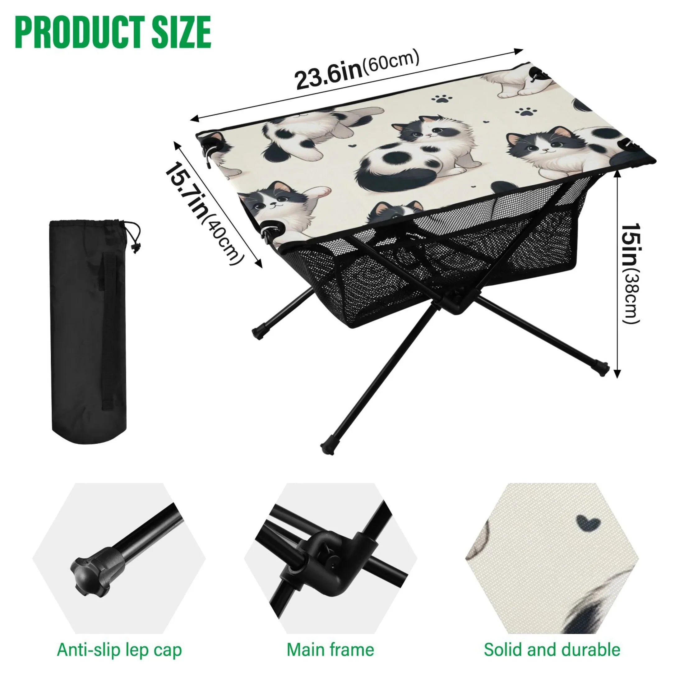 Cute Cat Footprint Camping Folding Table Portable Beach Table with Storage Bag Compact Picnic Table for Outdoor Travel Fishing BBQ