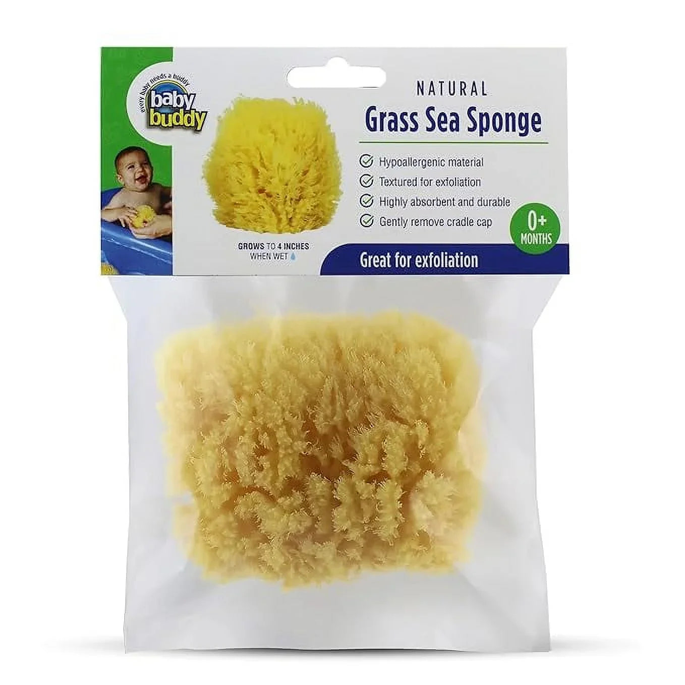 Baby Buddy Natural Grass Sea Sponge, Body Sponge Textured for Exfoliation, Works for Cradle Cap, Yellow, 4in, 1 Count